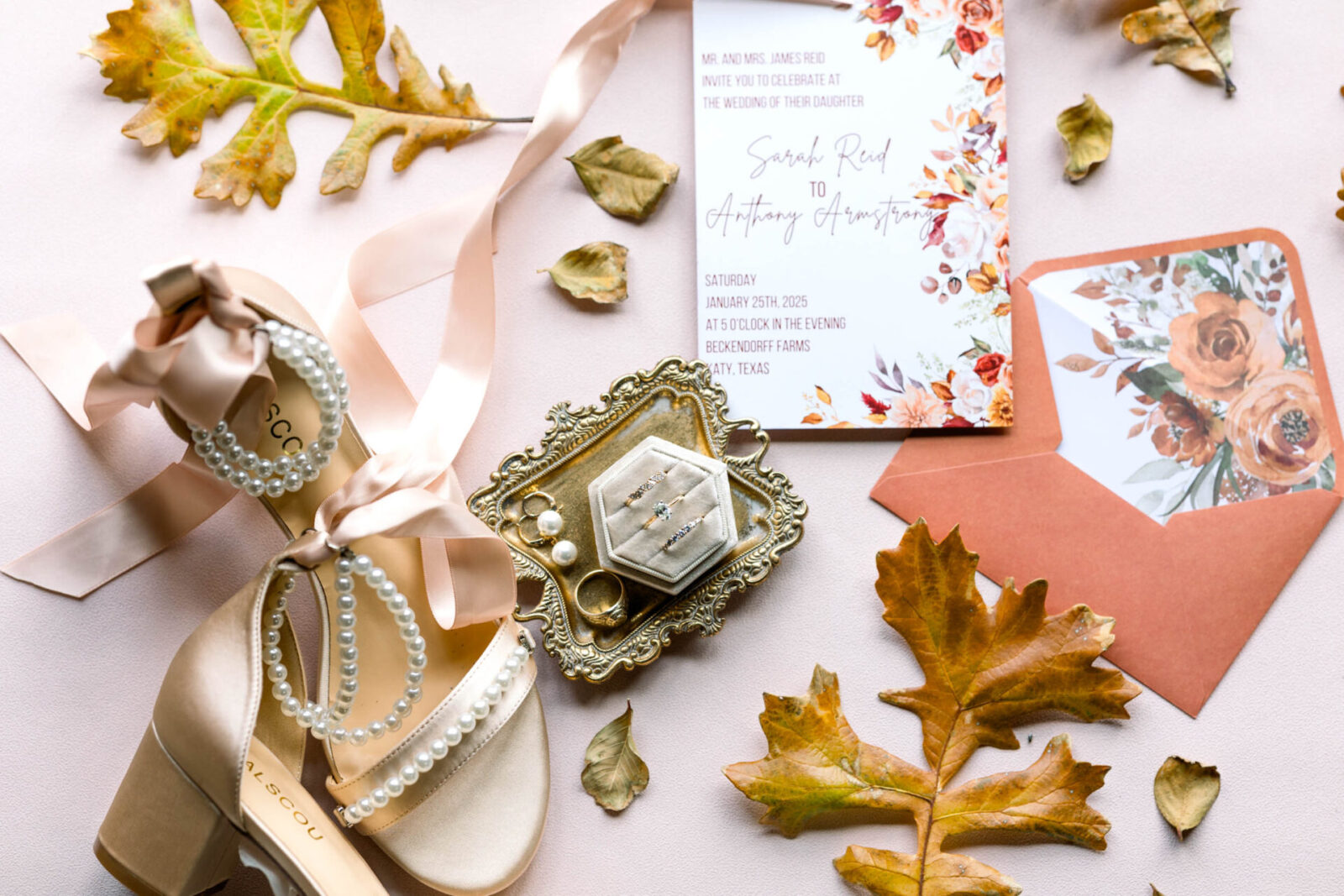 Close up of rings, jewelry and shoes.