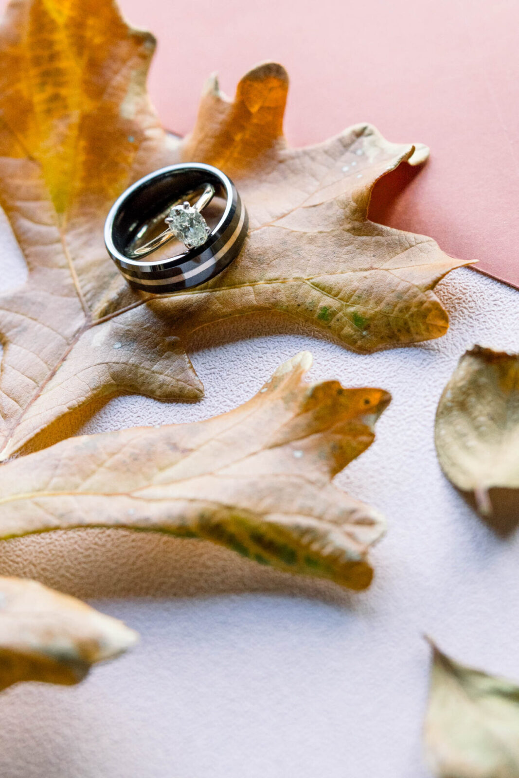 An engagement ring laid inside a black ring